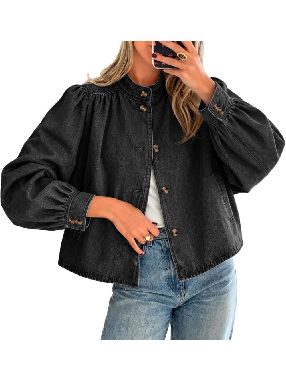 Women’s Black Puff Sleeve Stand Collar Button Down Loose Fit Jean Jacket